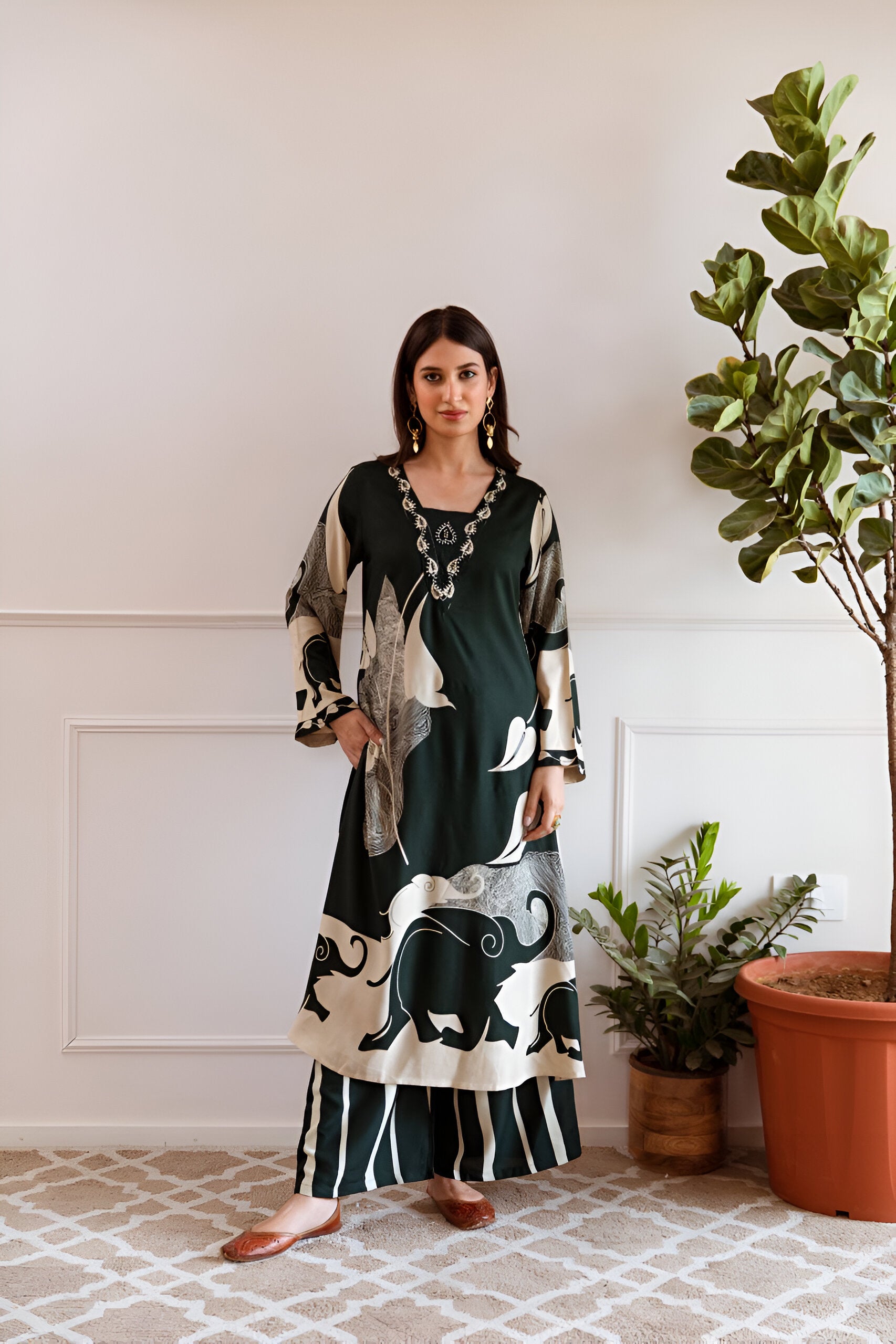 Elegant bottle green A-line kurta set featuring a flattering silhouette for a sophisticated ethnic look.