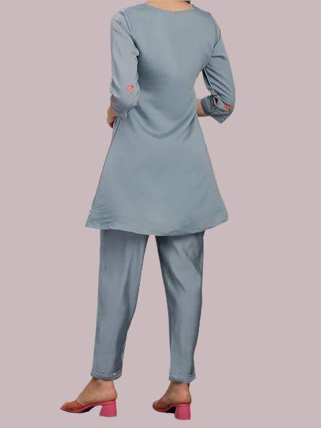 Elegant grey glam embroidered co-ord set featuring intricate detailing for a stylish and sophisticated look.