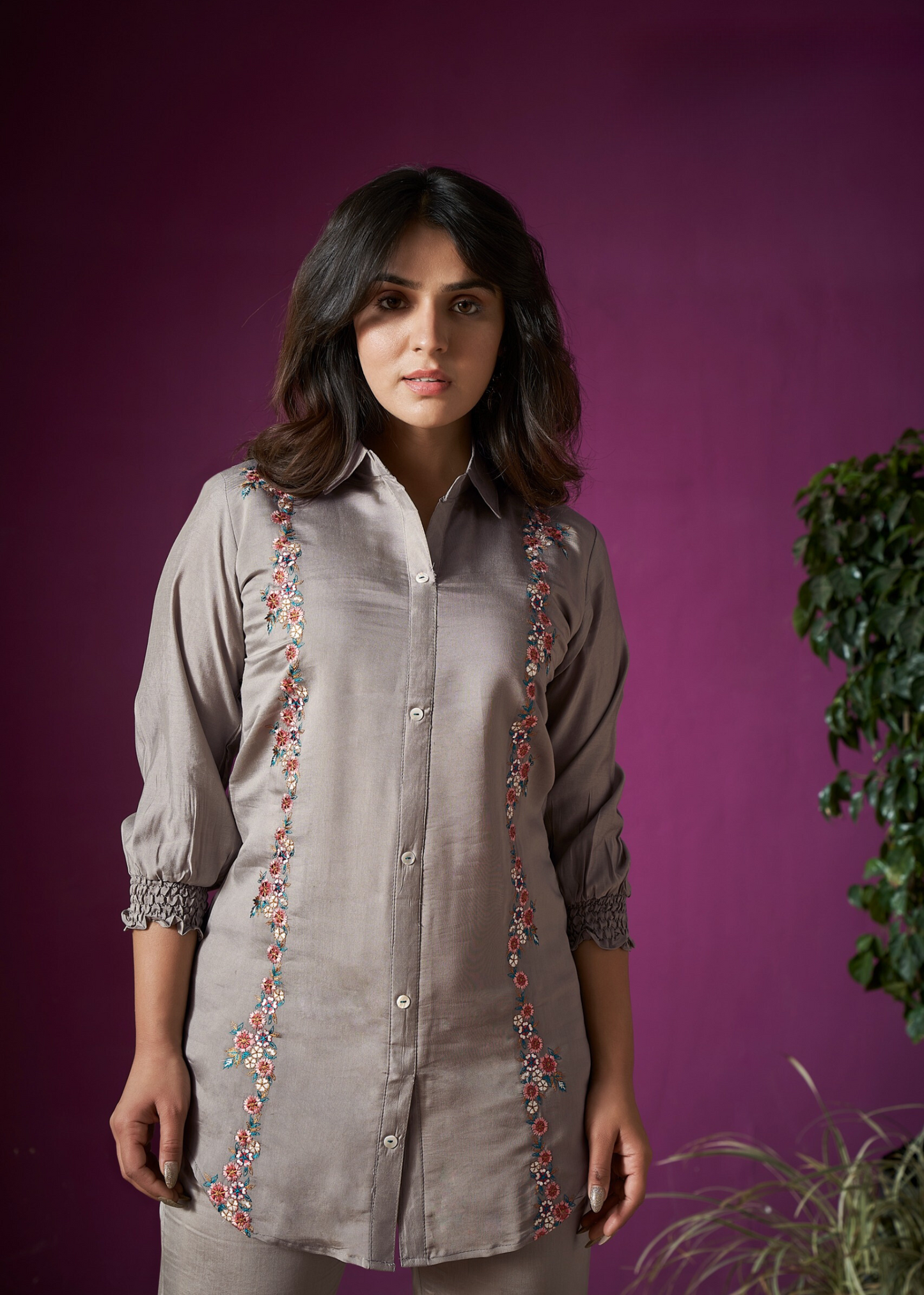 Trendy grey embroidered co-ord set for women, blending comfort with modern fashion.