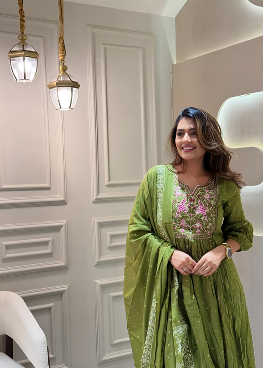 green cotton kurta printed with dupatta