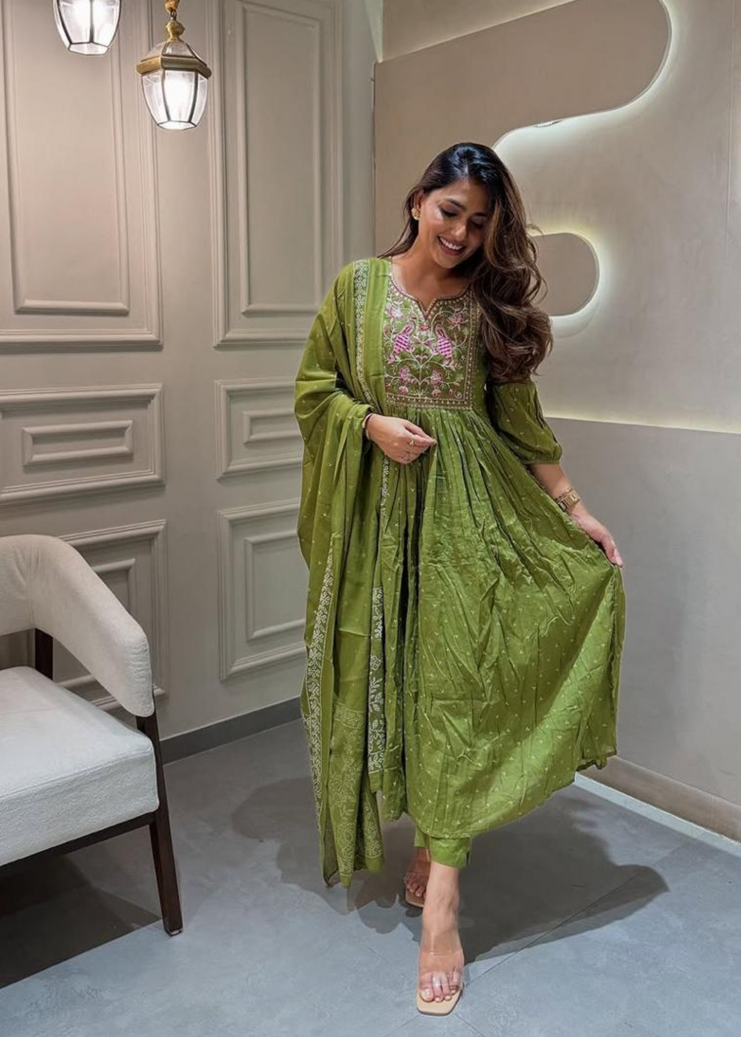 cotton printed kurta with dupatta green