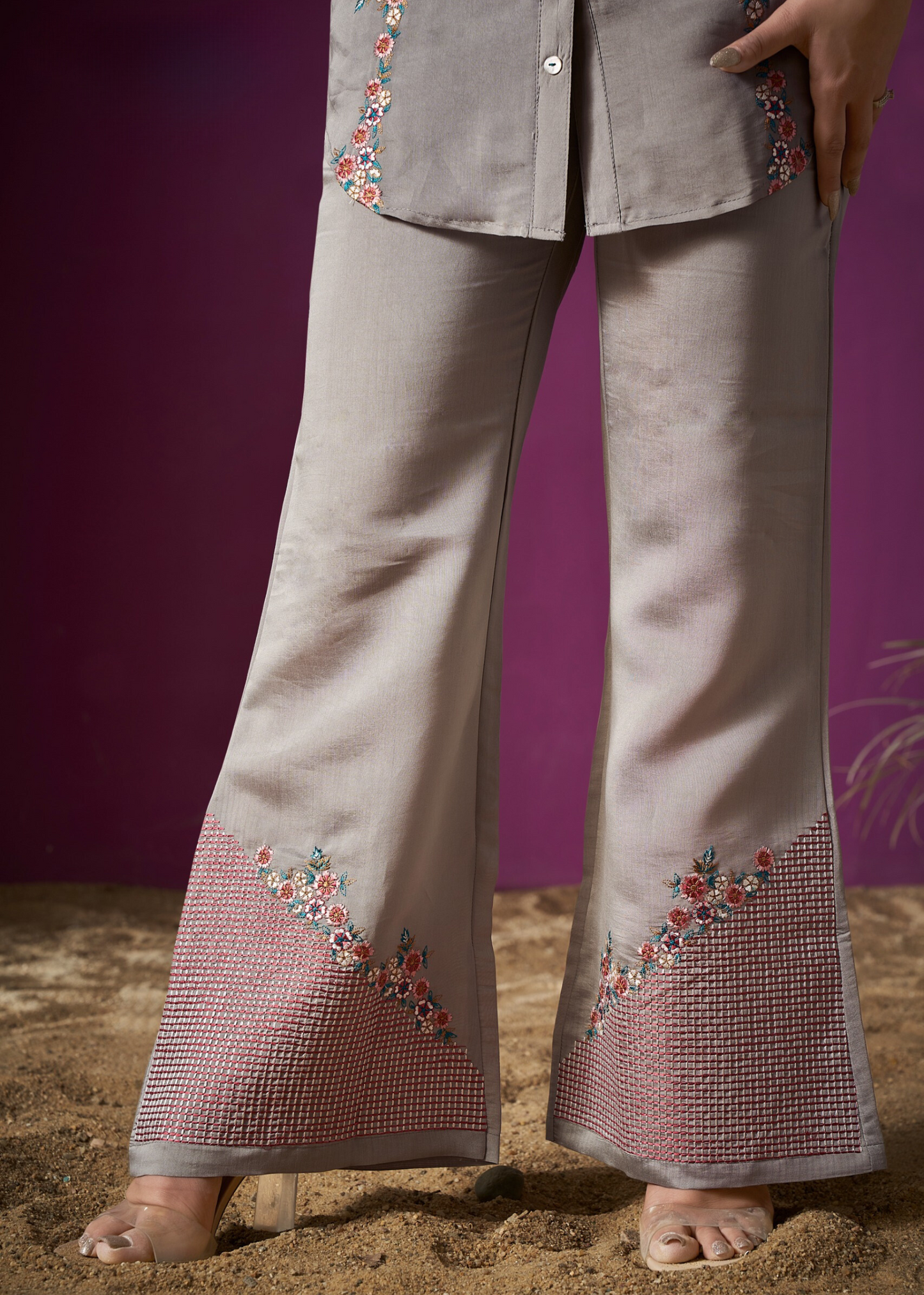 Graceful grey co-ord set with delicate embroidery, ideal for a refined and effortless outfit.