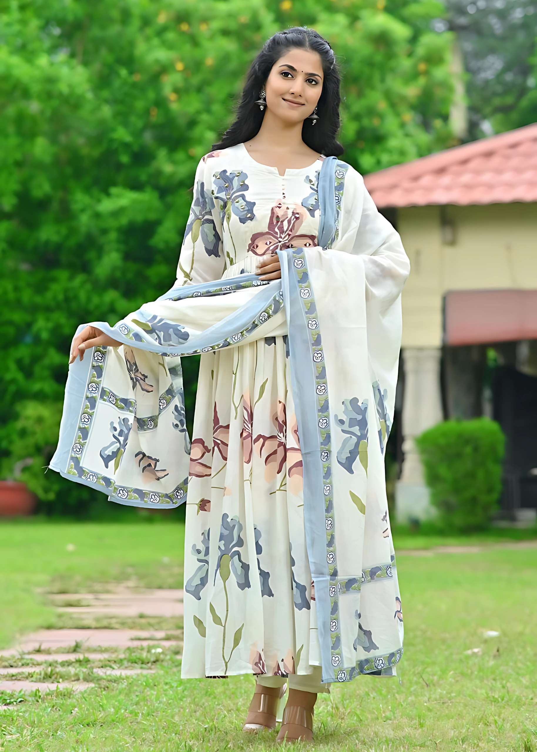 White Mul Cotton With Exclusive Block Print Anarkali Suit For Women