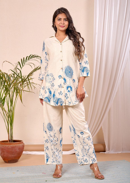 floral printed khadi co-ord set blue
