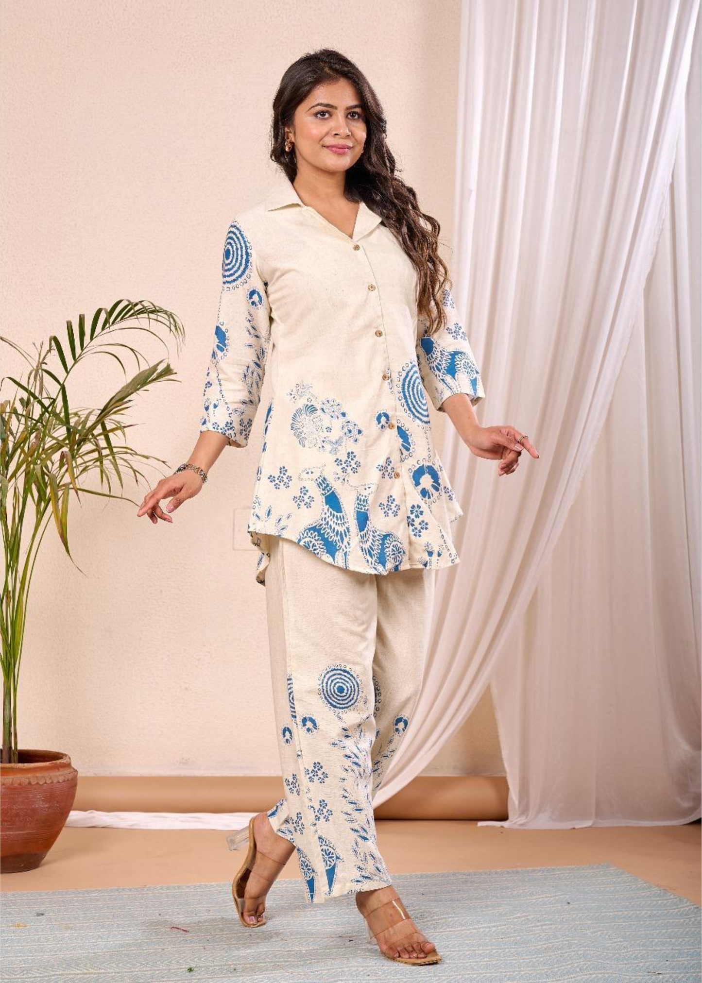 blue printed khadi co-ord set for women