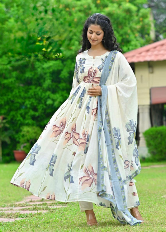 White Mul Cotton With Exclusive Block Print Anarkali Suit