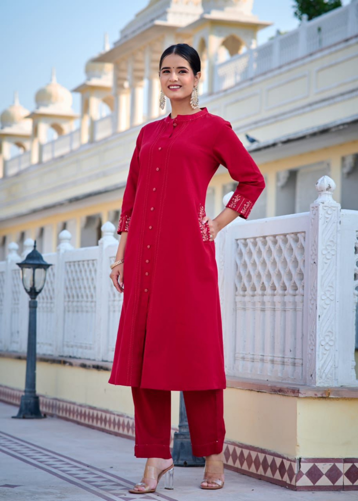Red Embroidered Kurti Pant Set For Women