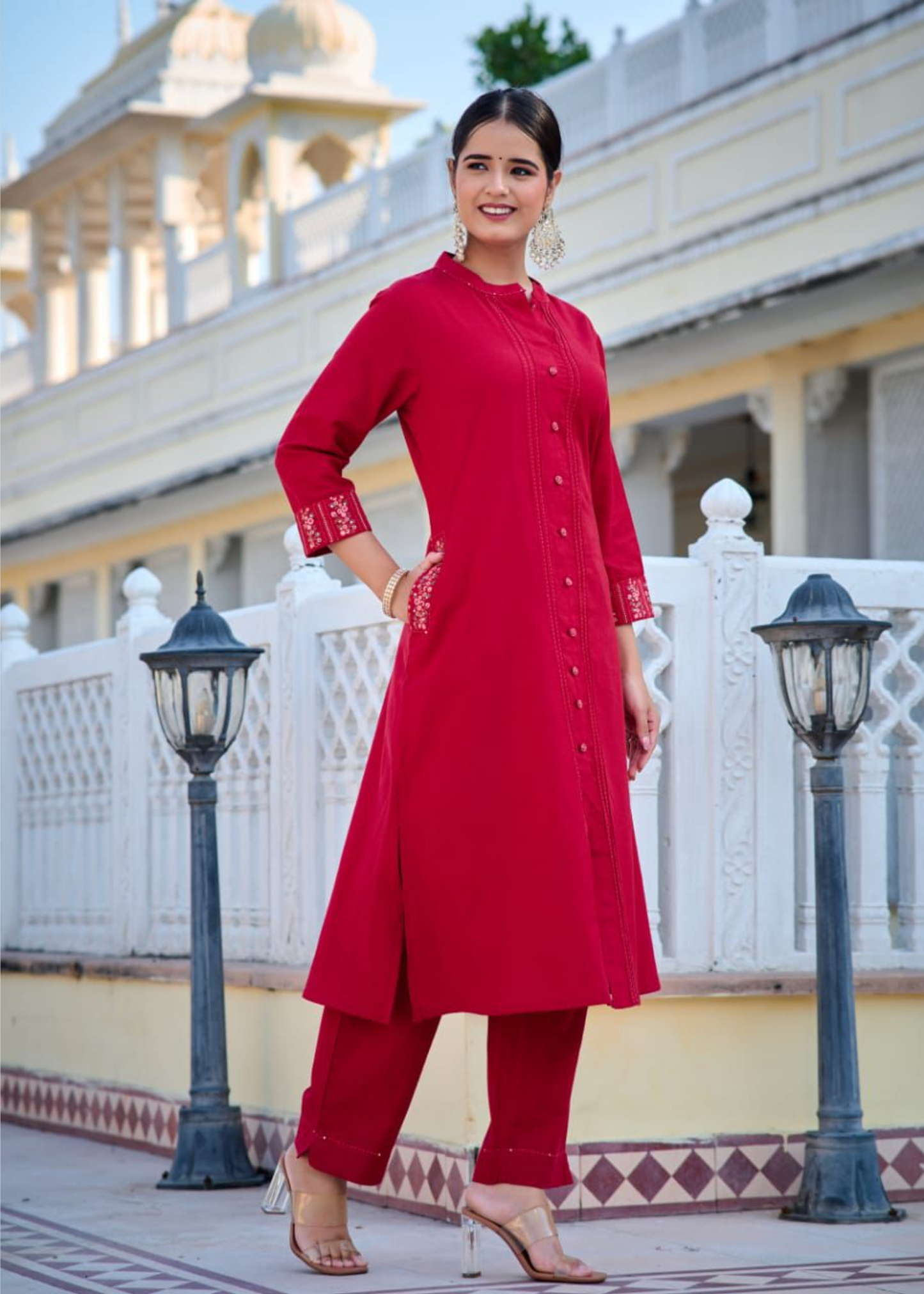 Embroidered Red Kurti Pant Set