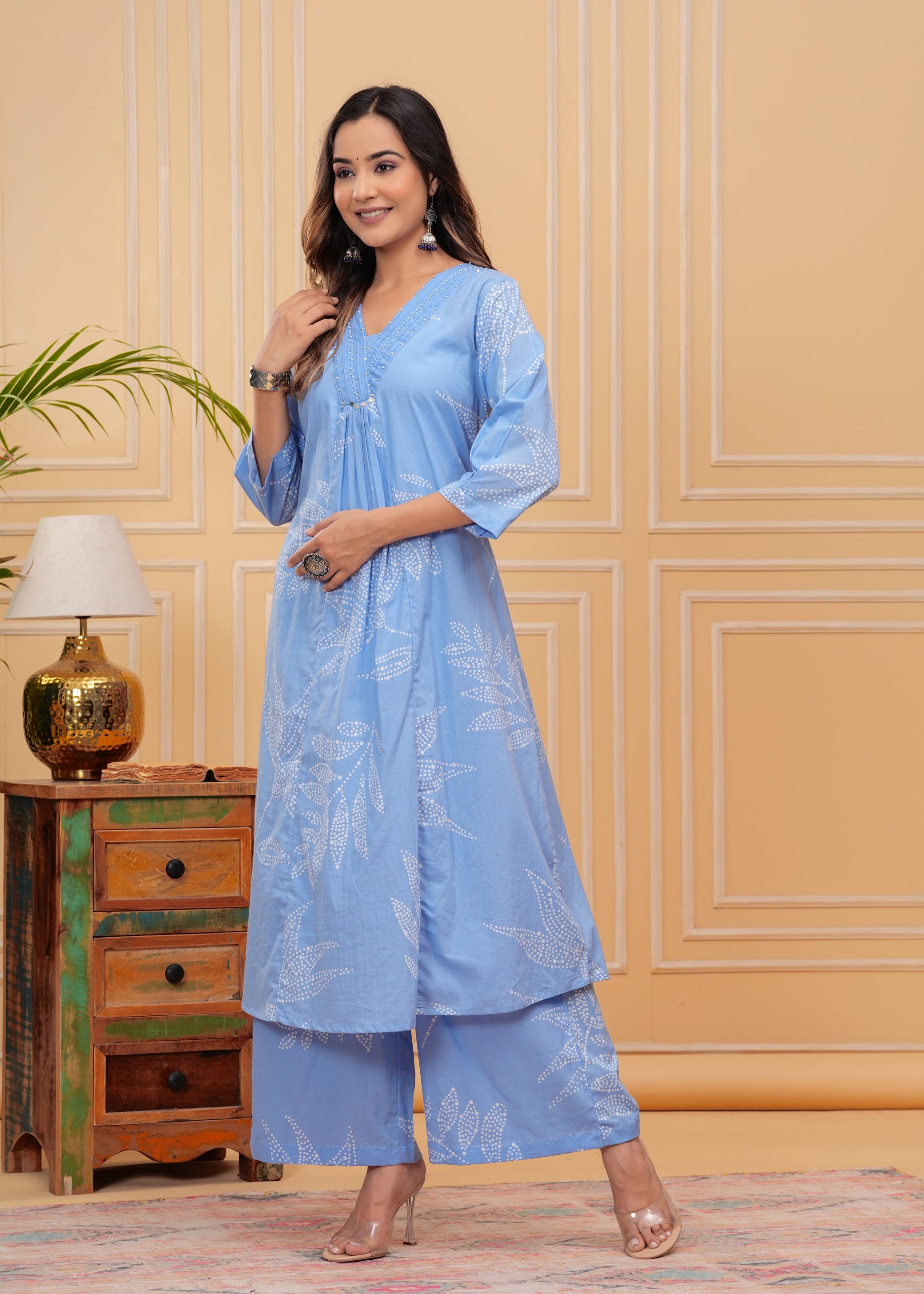 Sophisticated blue kurta set with a timeless A-line cut, offering a refined and graceful appeal.