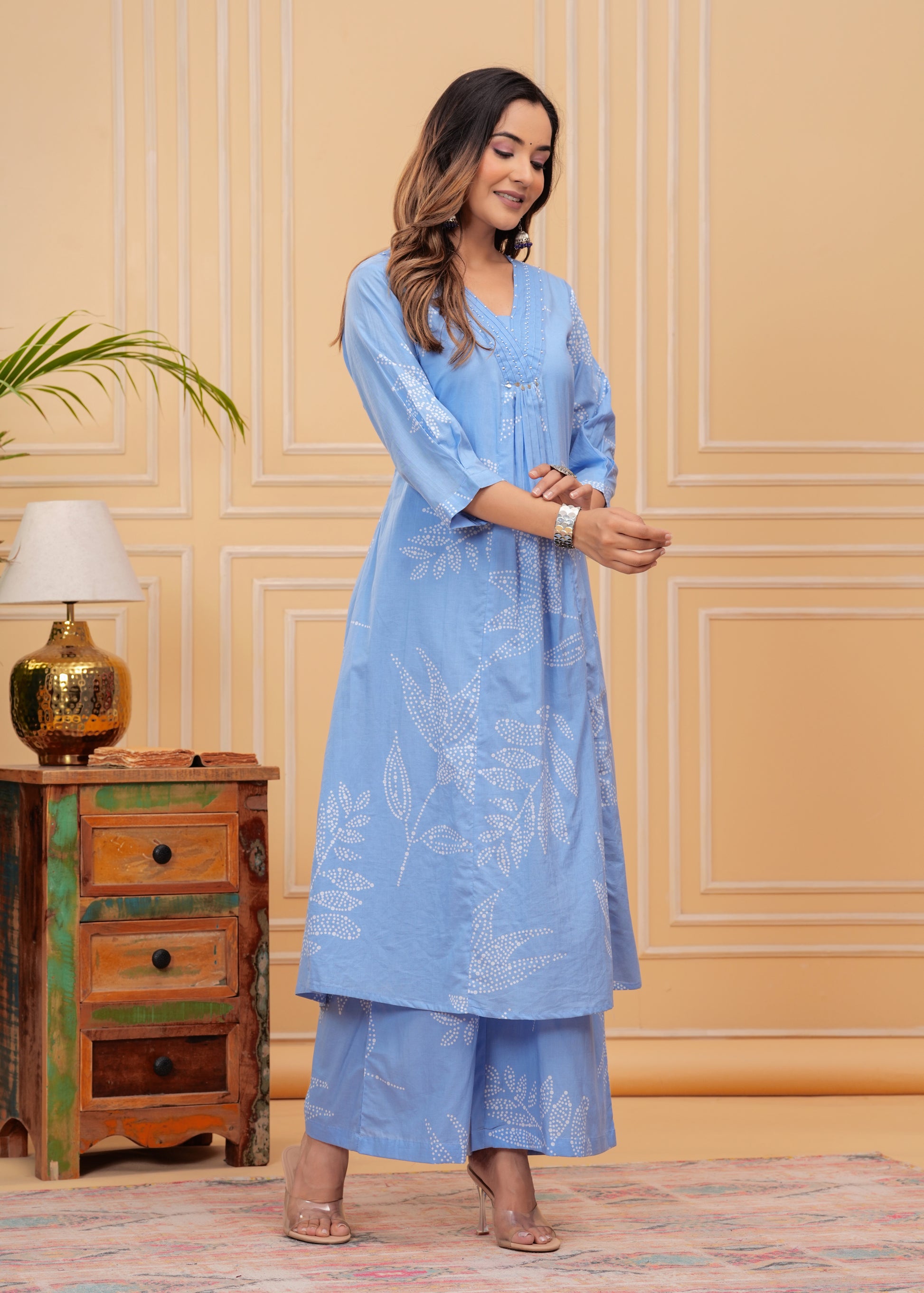 Trendy blue A-line kurta set crafted for comfort and style, ideal for any celebration.