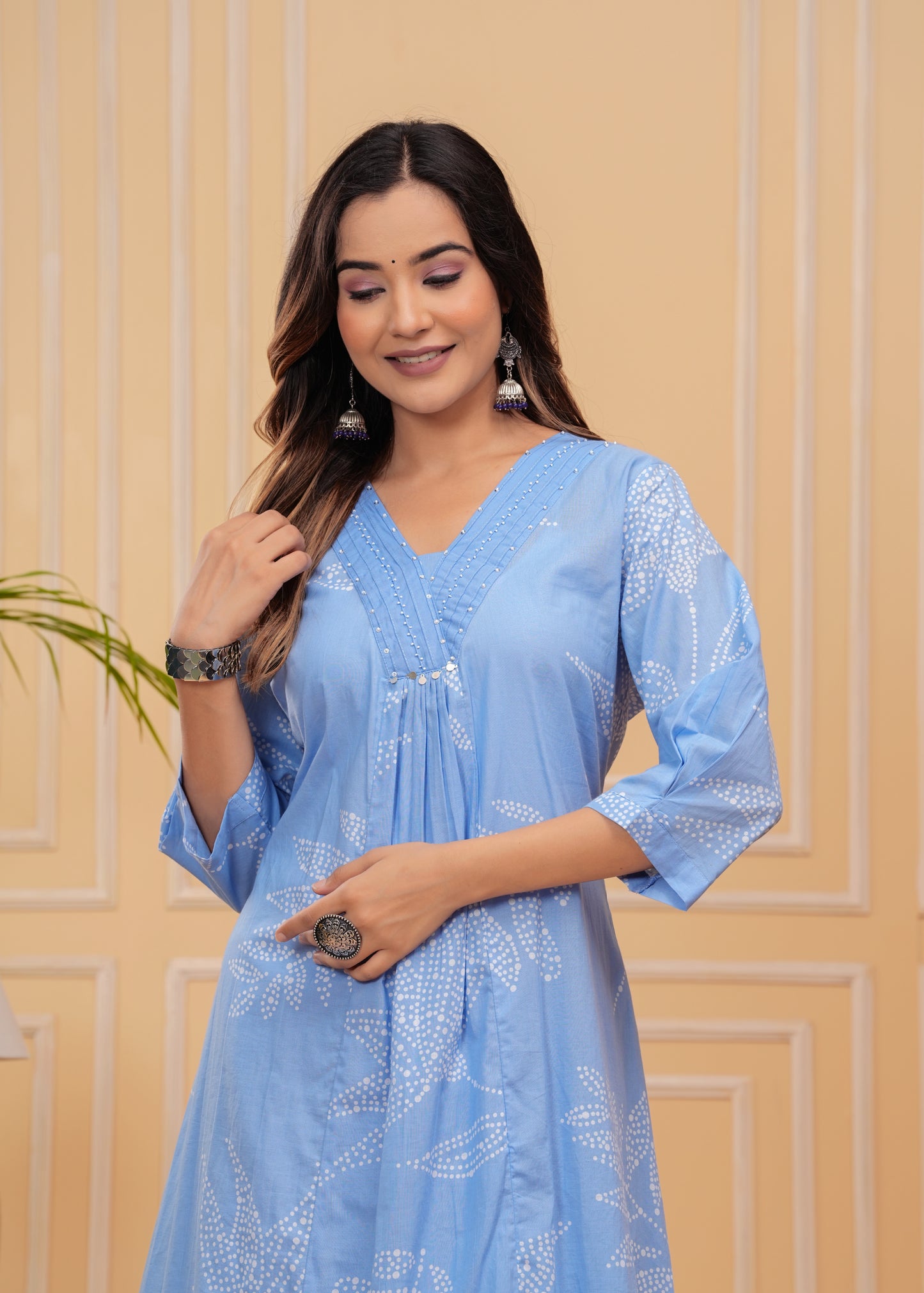 Graceful blue kurta set with a flowy A-line design, blending tradition with modern elegance.