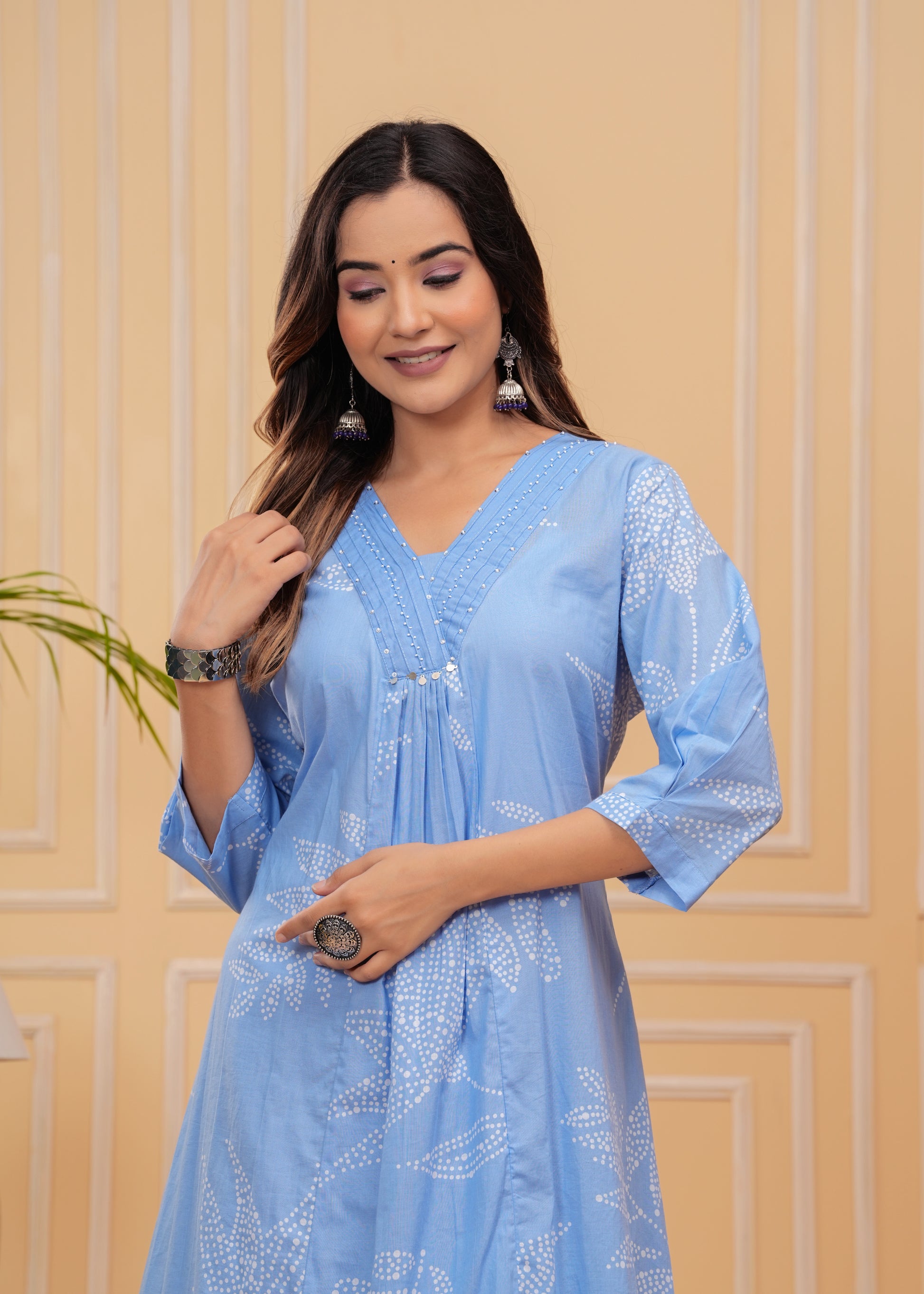 Graceful blue kurta set with a flowy A-line design, blending tradition with modern elegance.