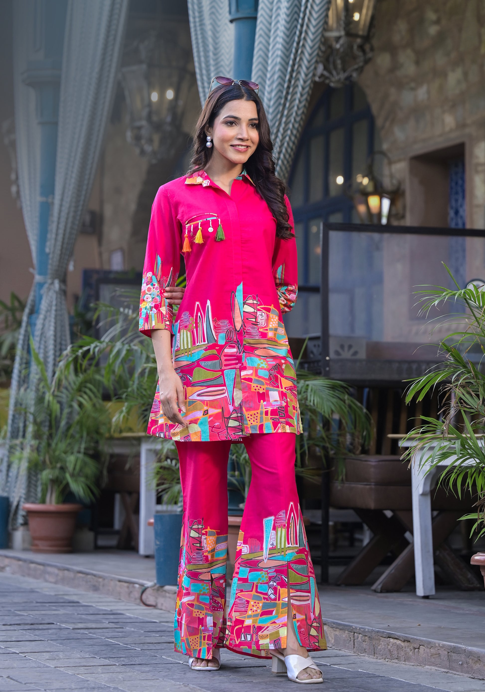 Graceful pink co-ord set with eye-catching prints, ideal for a relaxed yet stylish outfit.