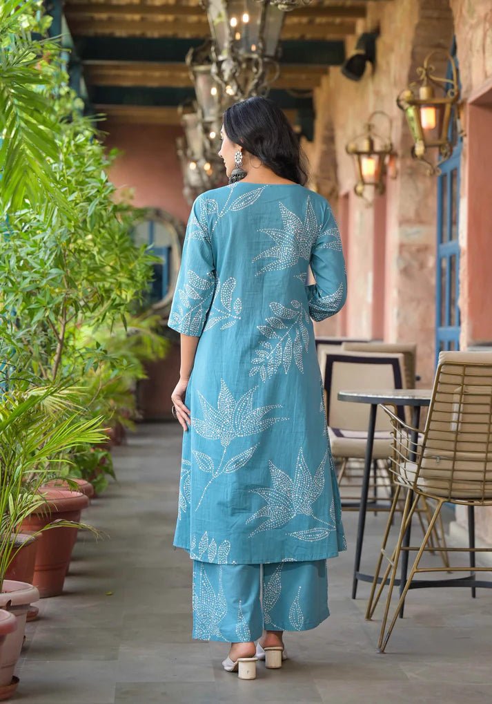Elegant Rama blue A-line kurta set with abstract floral prints and intricate beadwork for a stylish ethnic look.