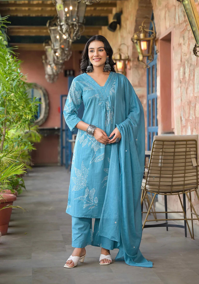 Stylish and lightweight Rama blue kurta set with abstract floral patterns and intricate bead embellishments, perfect for any occasion.