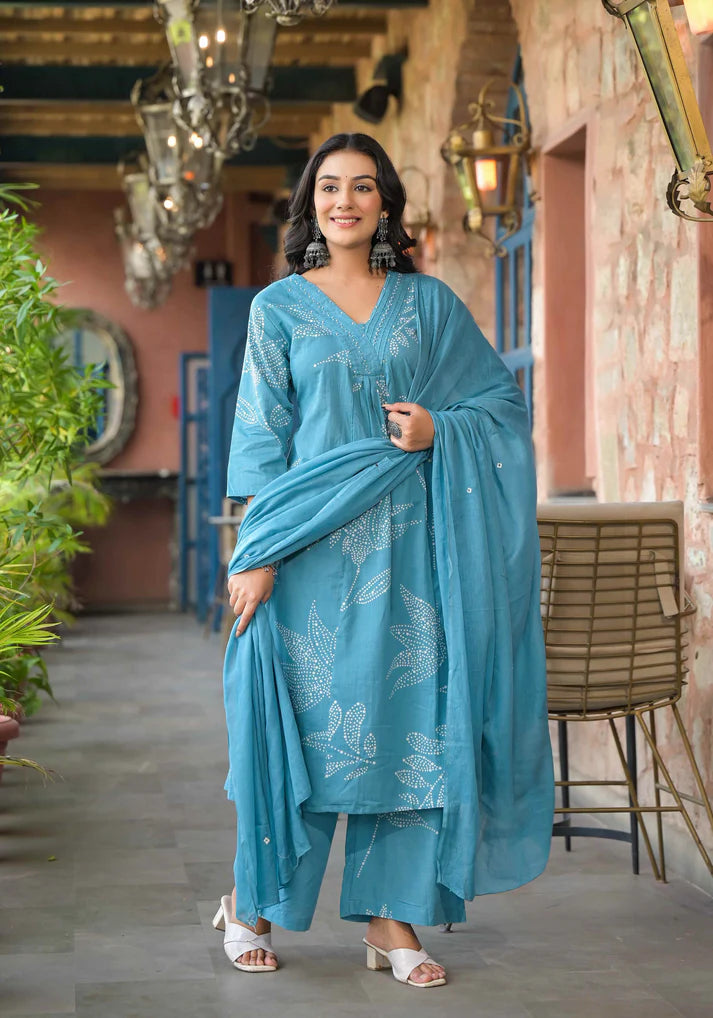 Trendy abstract floral printed A-line kurta set in Rama blue, featuring exquisite beadwork for a festive appeal.