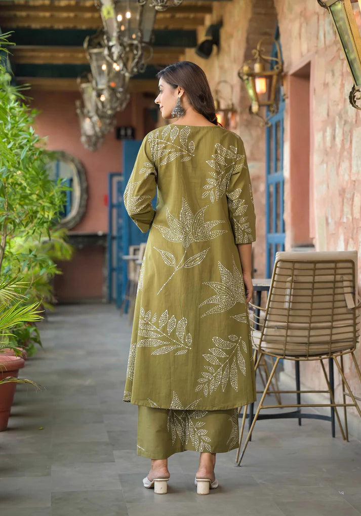 Elegant mehendi green A-line kurta set with abstract floral prints and intricate beadwork for a refined ethnic look.