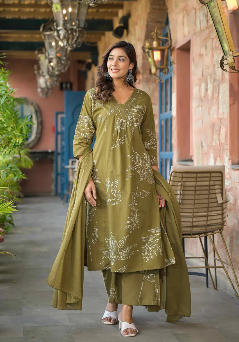 Lightweight and elegant mehendi green A-line kurta set with stunning abstract floral prints and bead embellishments for a graceful finish.