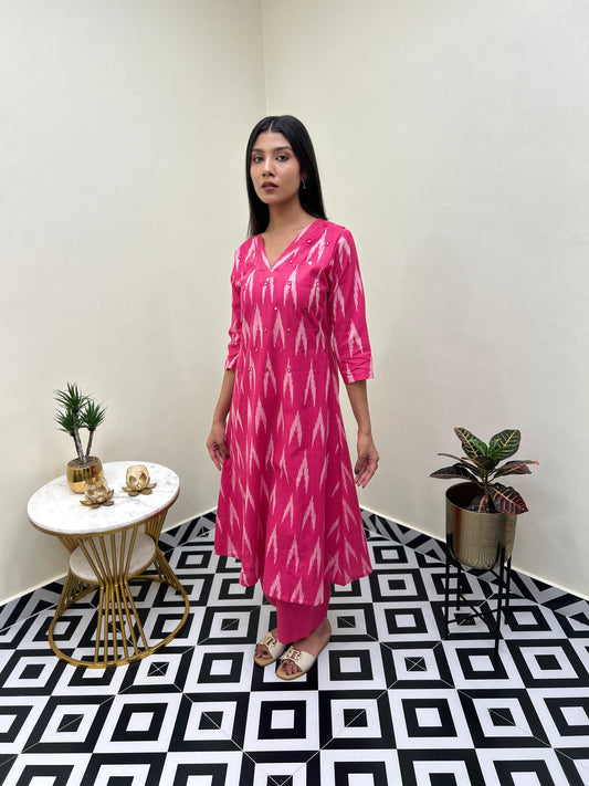 Ikat Mirror Kurti Set - Pink