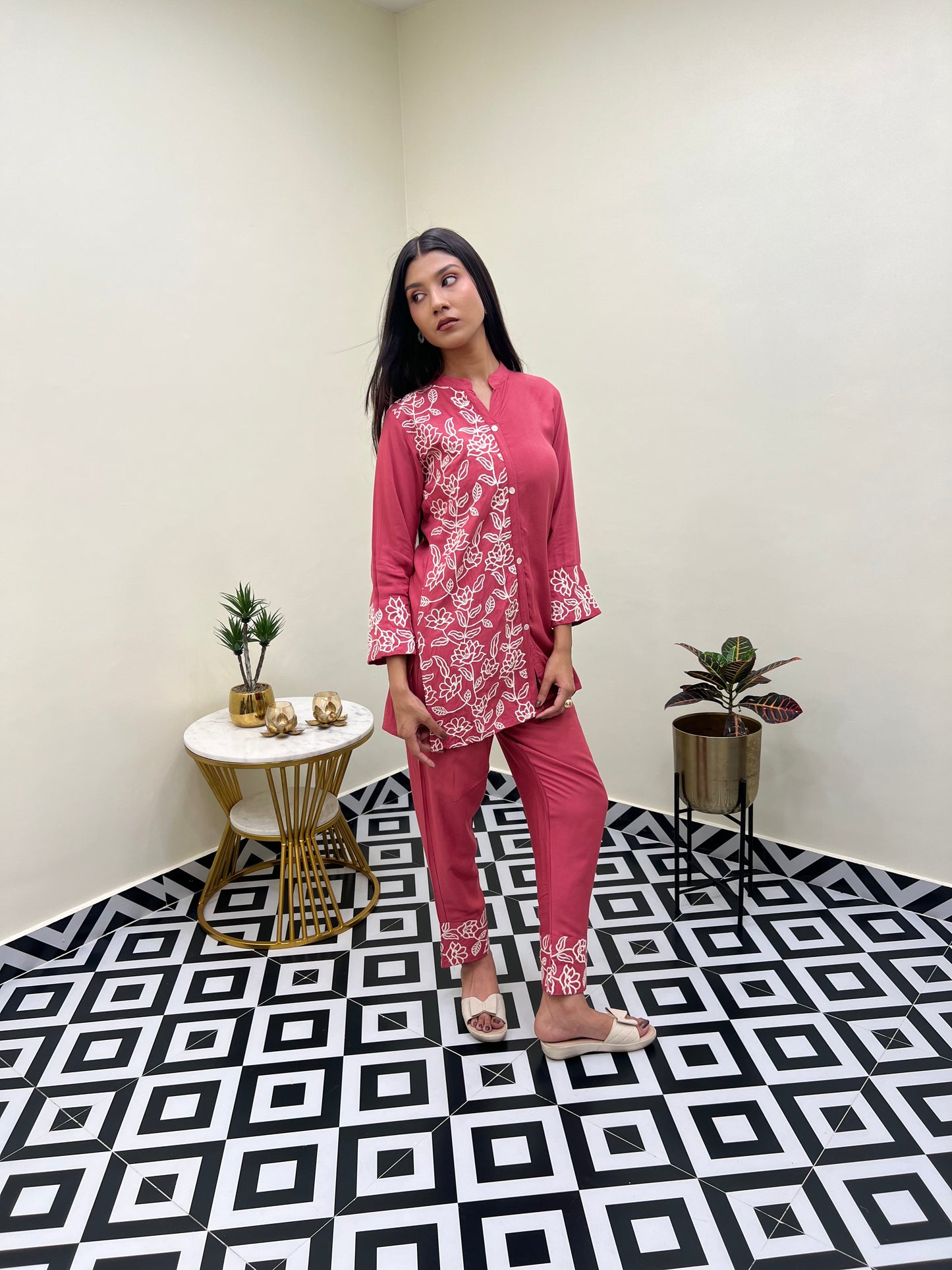 Solid Pink Embroidered Co-ord Set