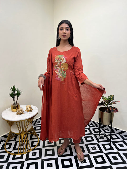 A Line Kurti with Pant and Dupatta- Rust