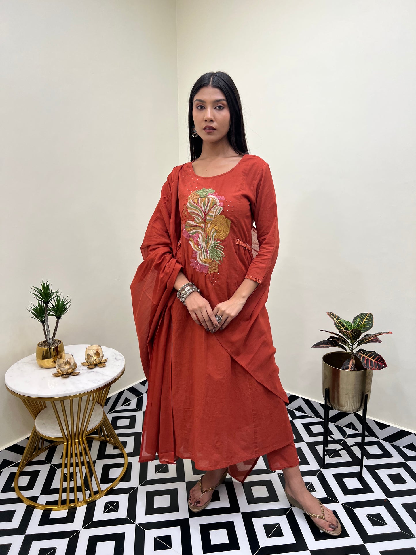 A Line Kurti with Pant and Dupatta- Rust
