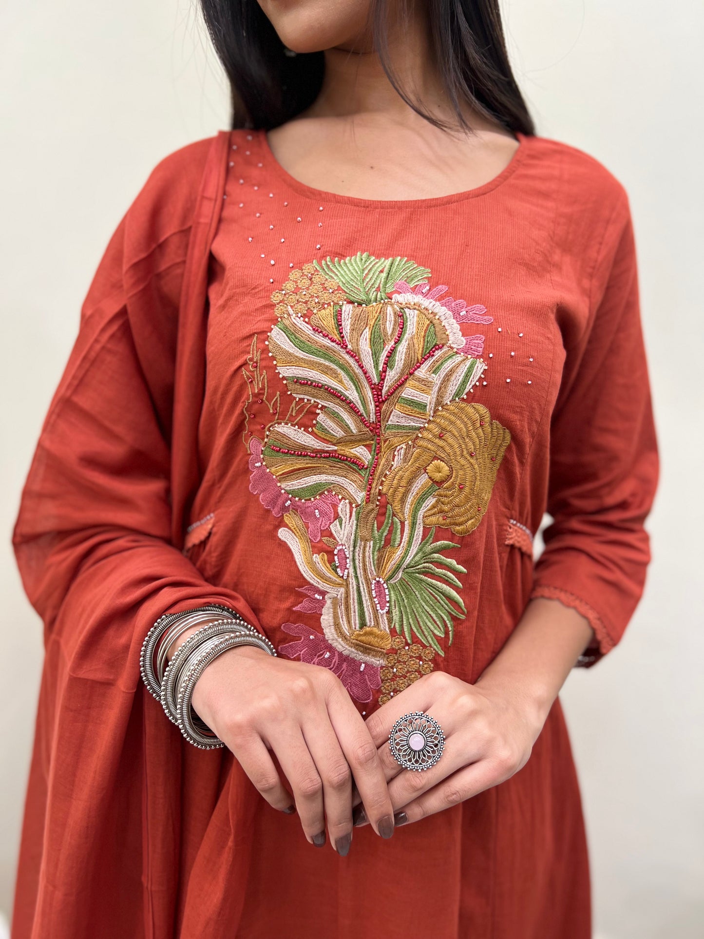 A Line Kurti with Pant and Dupatta- Rust