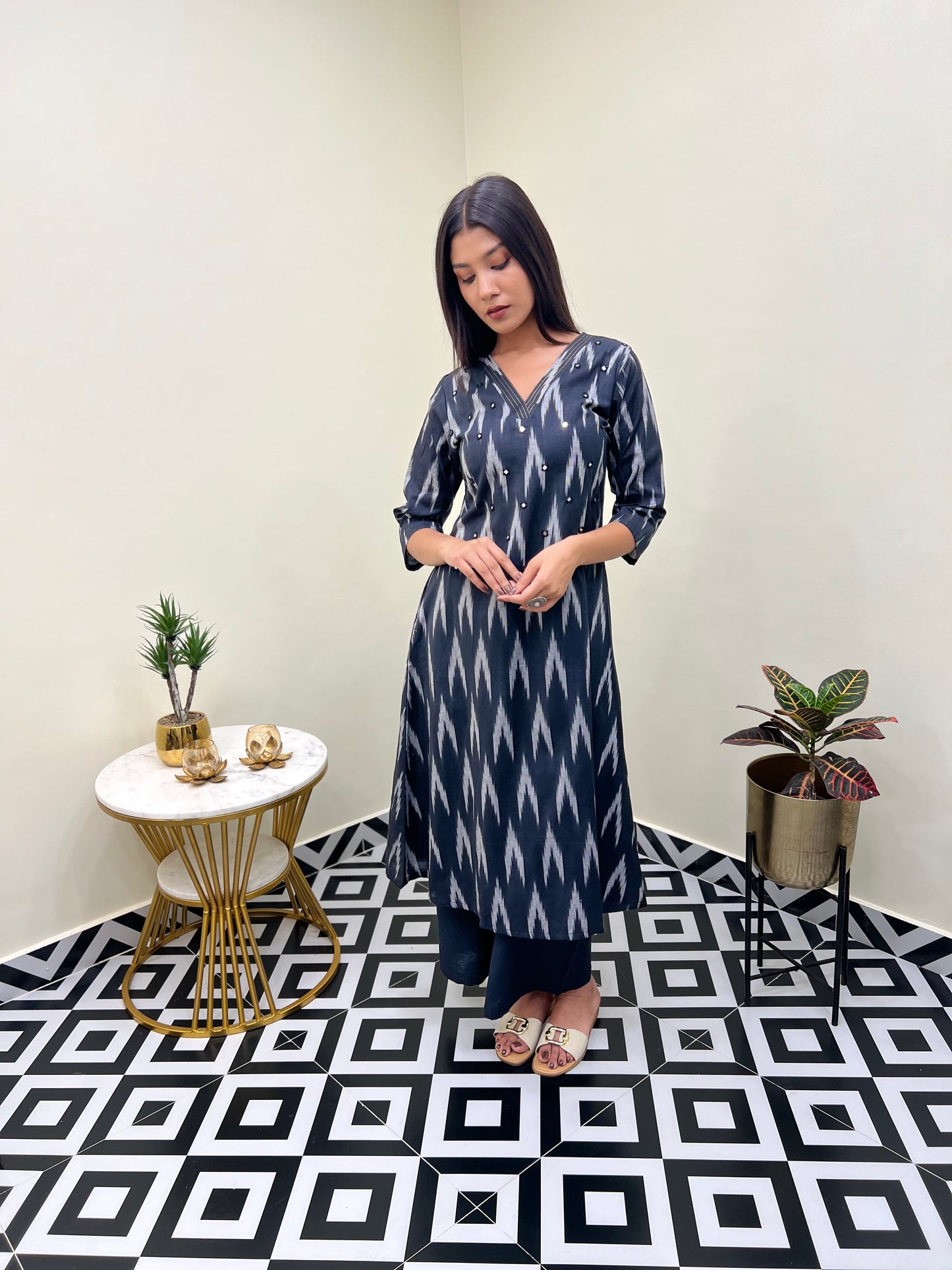 Ikat Mirror Kurti Set - Black