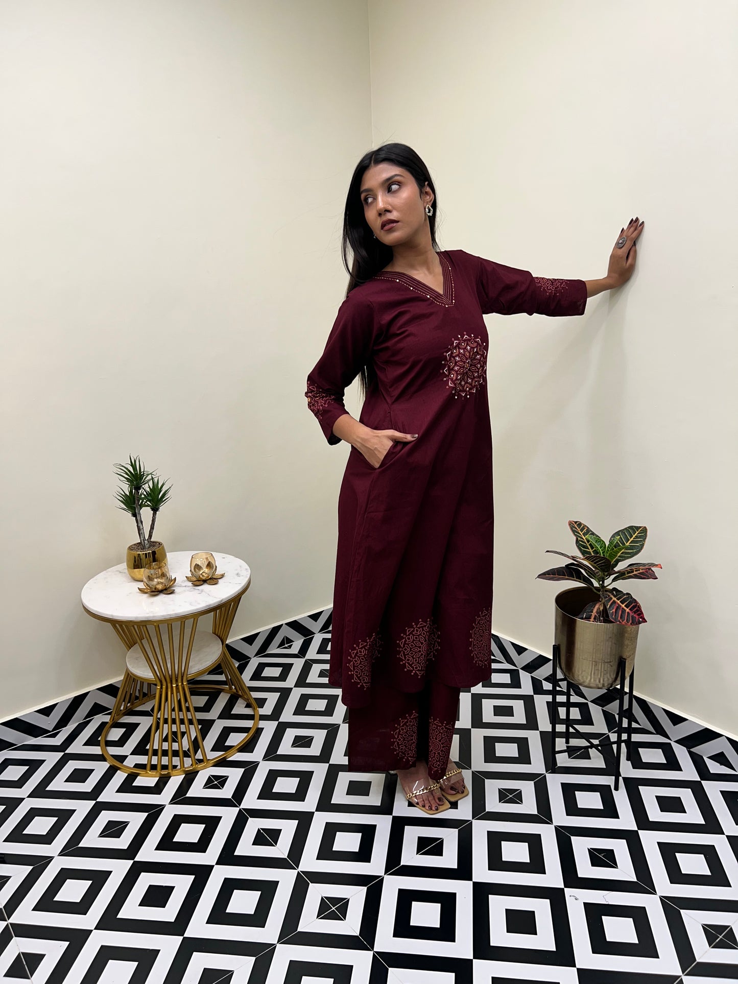 Sanganeri Grace Buta A Line Set - Maroon