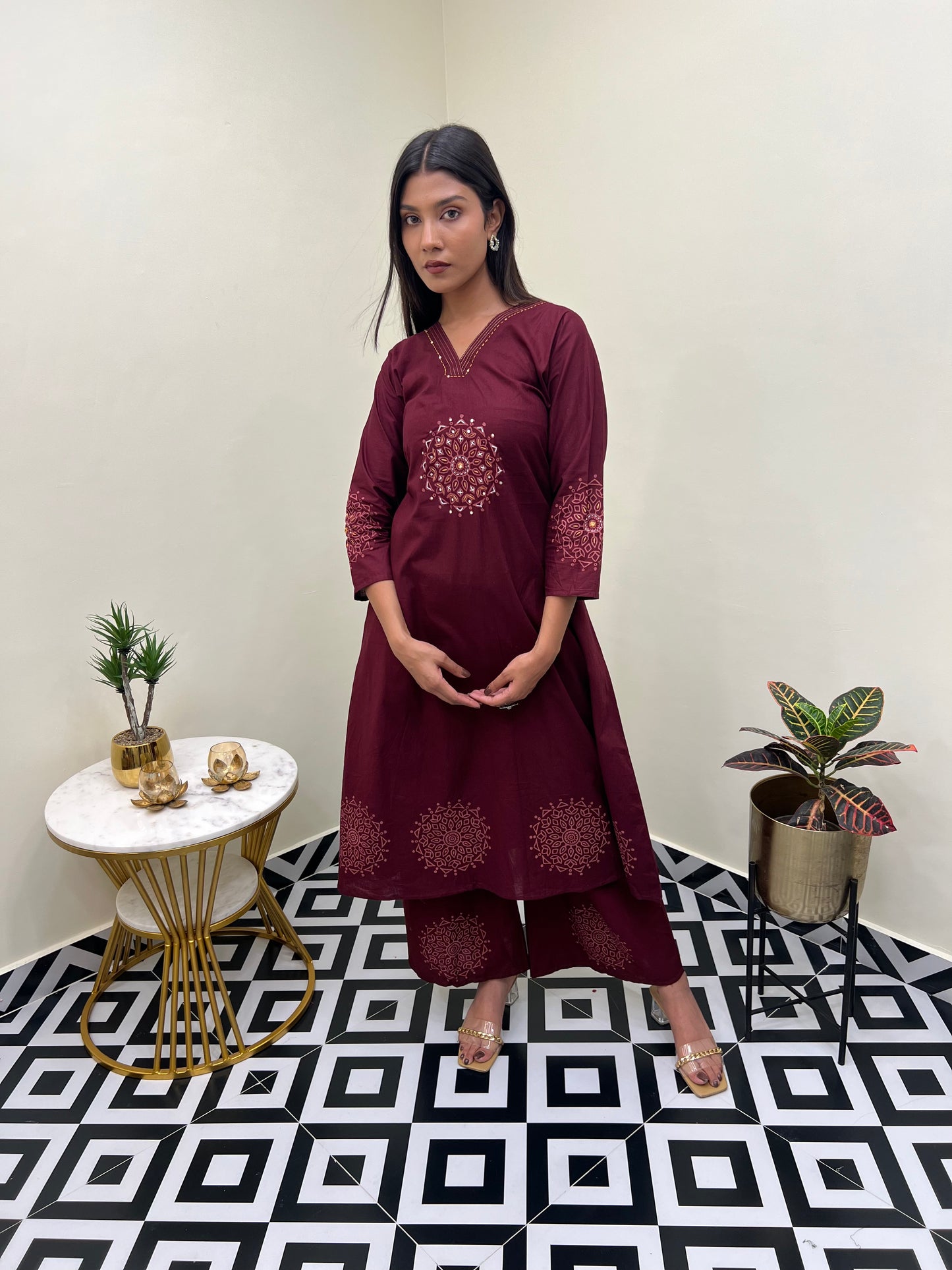 Sanganeri Grace Buta A Line Set - Maroon