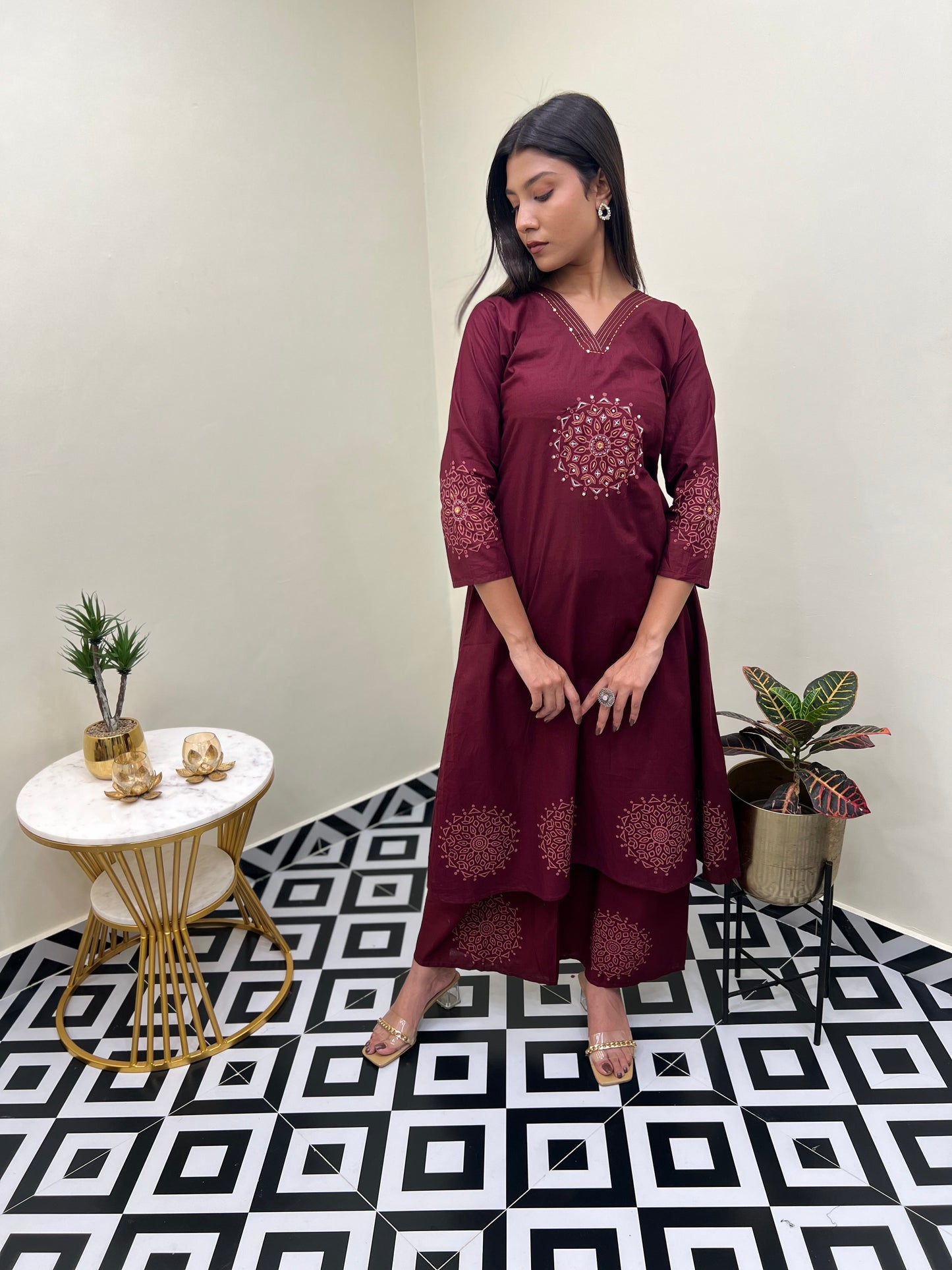 Sanganeri Grace Buta A Line Set - Maroon