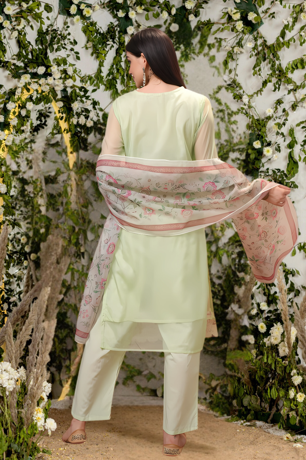 Stylish green organza suit set with delicate embroidery, perfect for festive and special occasions.