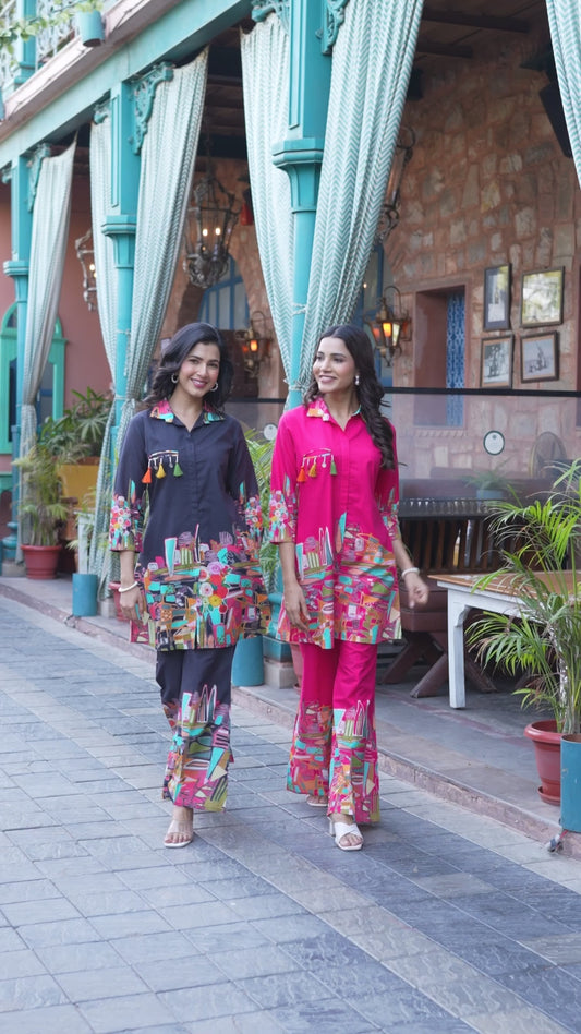 Elegant pink printed co-ord set featuring a stylish and comfortable design for a chic look.