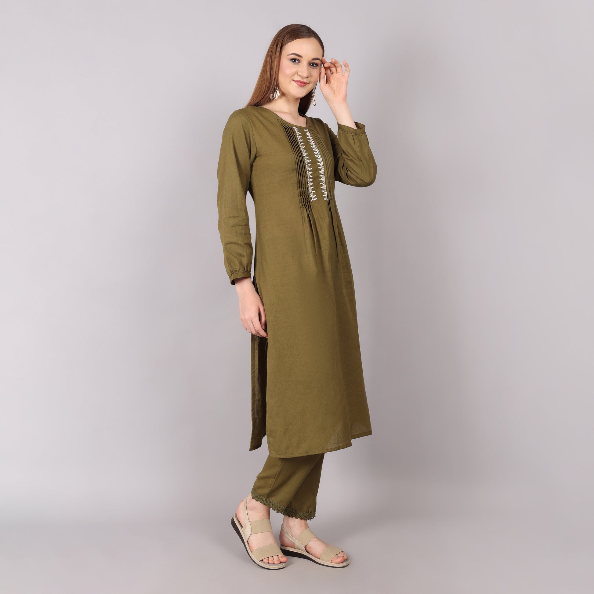 Trendy mud green organic cotton kurta set, blending eco-friendly fashion with timeless elegance.