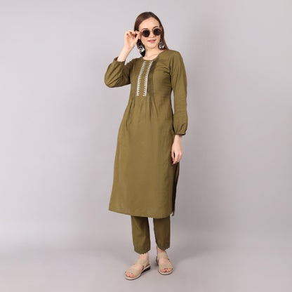 Elegant mud green organic cotton kurta set designed for a sustainable and stylish ethnic look.