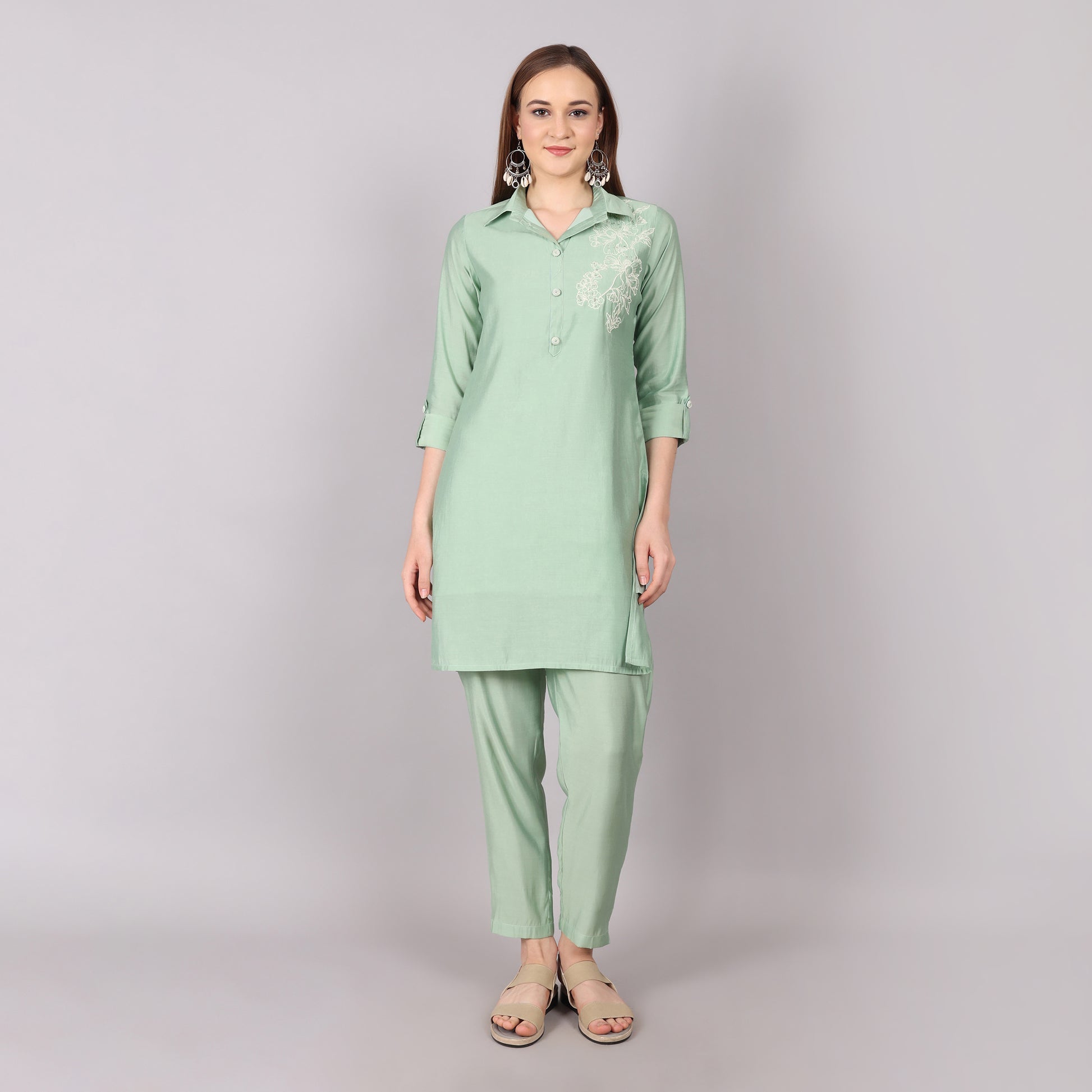 Lightweight and comfortable ice green co-ord set, perfect for casual and semi-formal wear.
