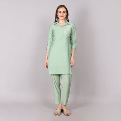 Lightweight and comfortable ice green co-ord set, perfect for casual and semi-formal wear.
