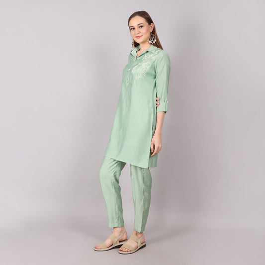 Chic ice green co-ord set designed with a sleek silhouette for a refined and polished look.