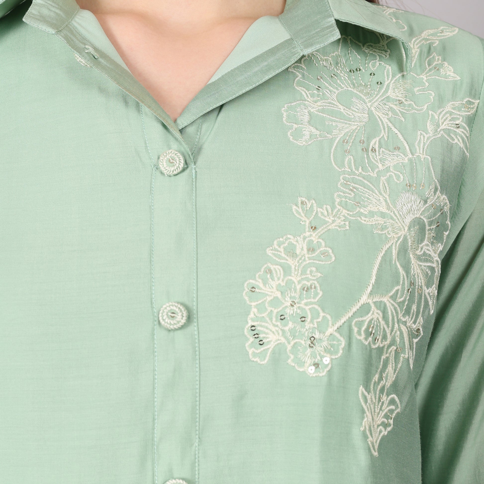 Graceful ice green co-ord set crafted for comfort and elegance, ideal for any occasion.
