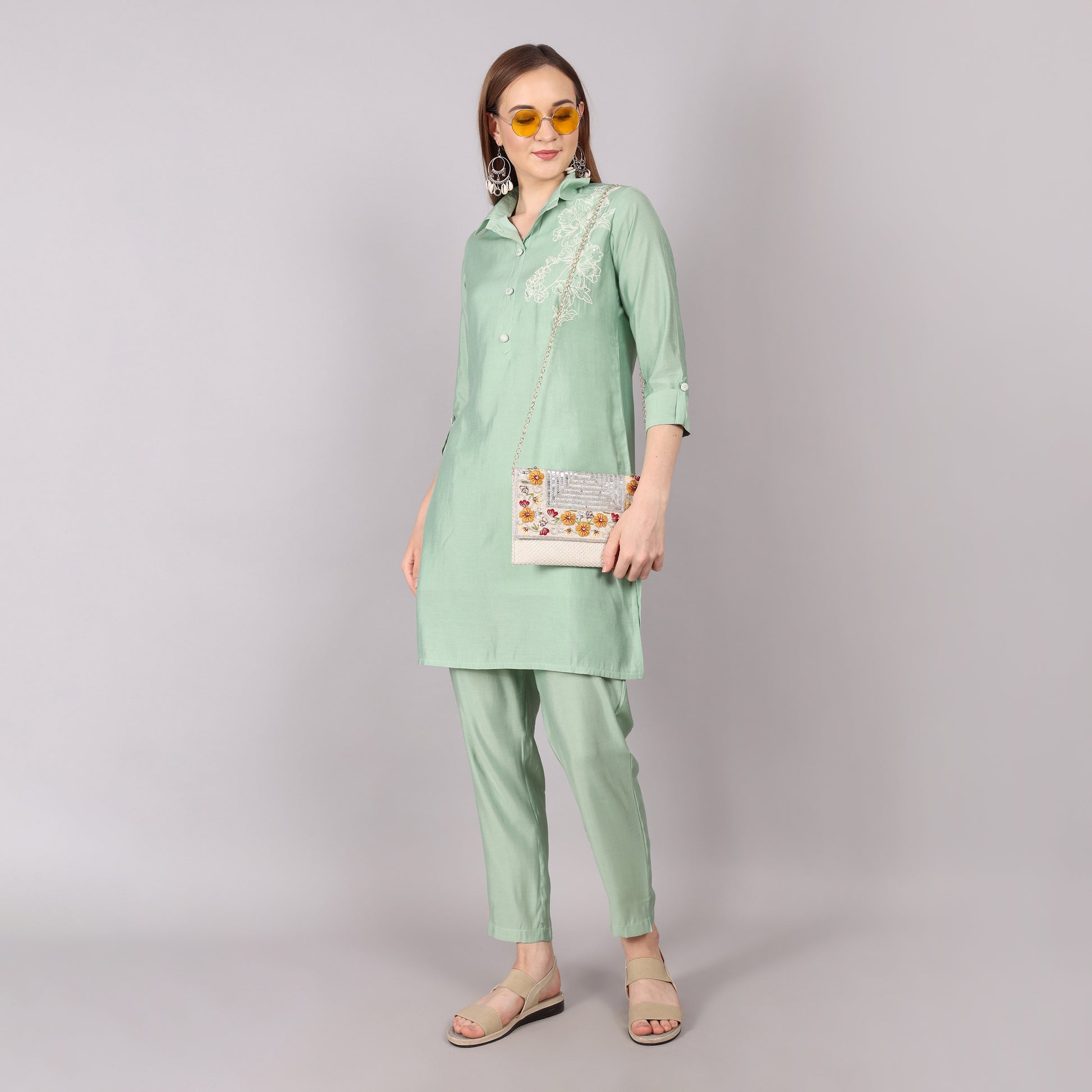 Elegant ice green co-ord set featuring a chic and sophisticated design for a stylish look.
