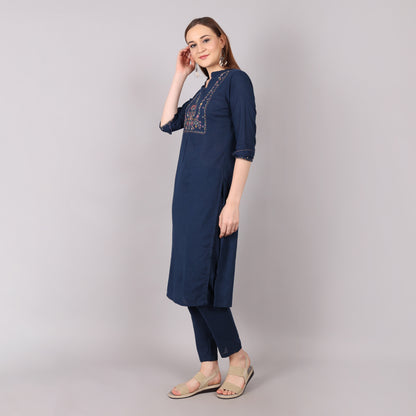 Graceful classic navy kurta set for women, ideal for office wear and formal occasions.
