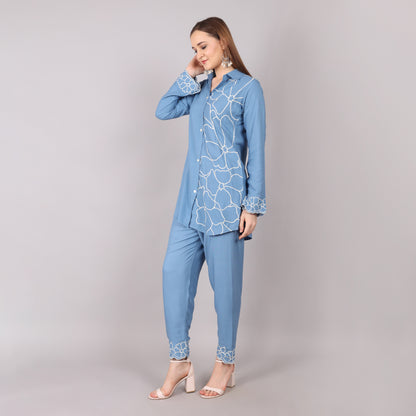 Trendy sky blue embroidered co-ord set designed for a sophisticated and modern fashion statement.