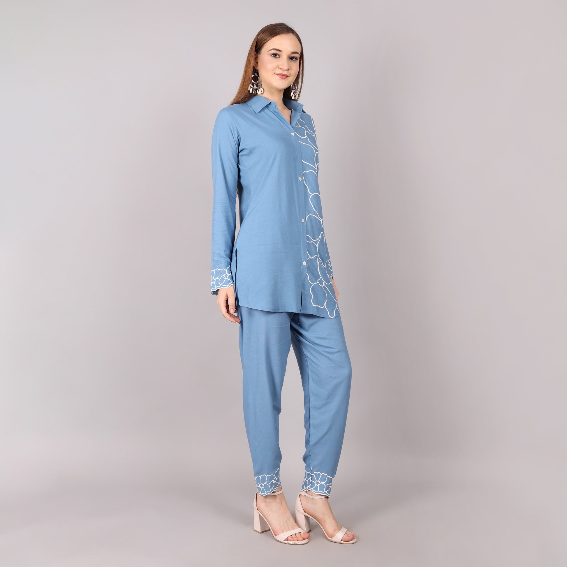 Chic sky blue co-ord set with delicate embroidery, perfect for festive and casual occasions.