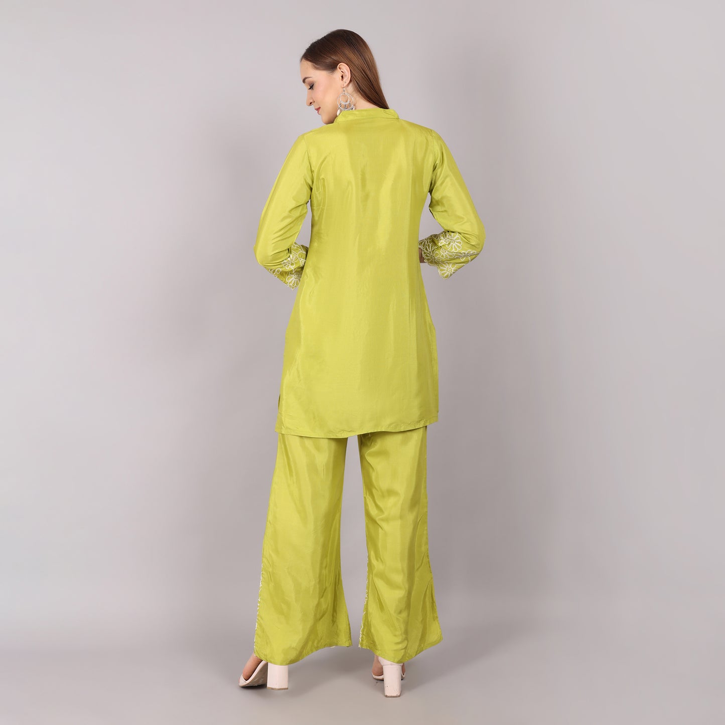 Lightweight and fashionable lime green embroidered co-ord set, offering a stylish and effortless outfit choice.