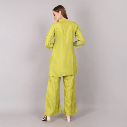 Lightweight and fashionable lime green embroidered co-ord set, offering a stylish and effortless outfit choice.