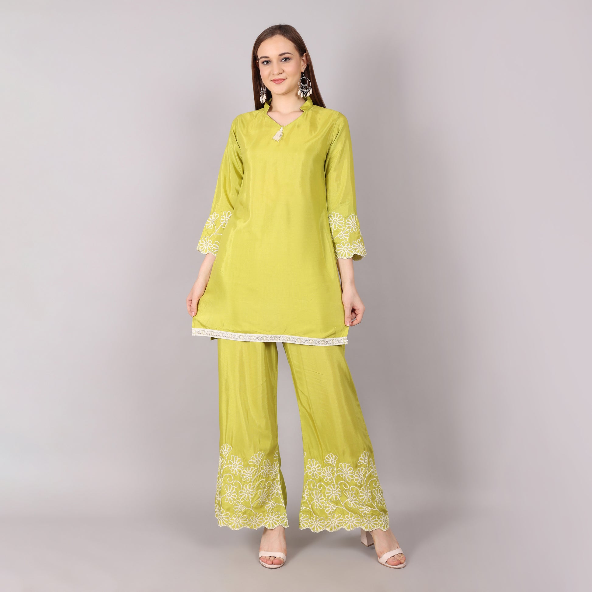 Trendy lime green co-ord set with exquisite thread embroidery, ideal for festive and casual occasions.