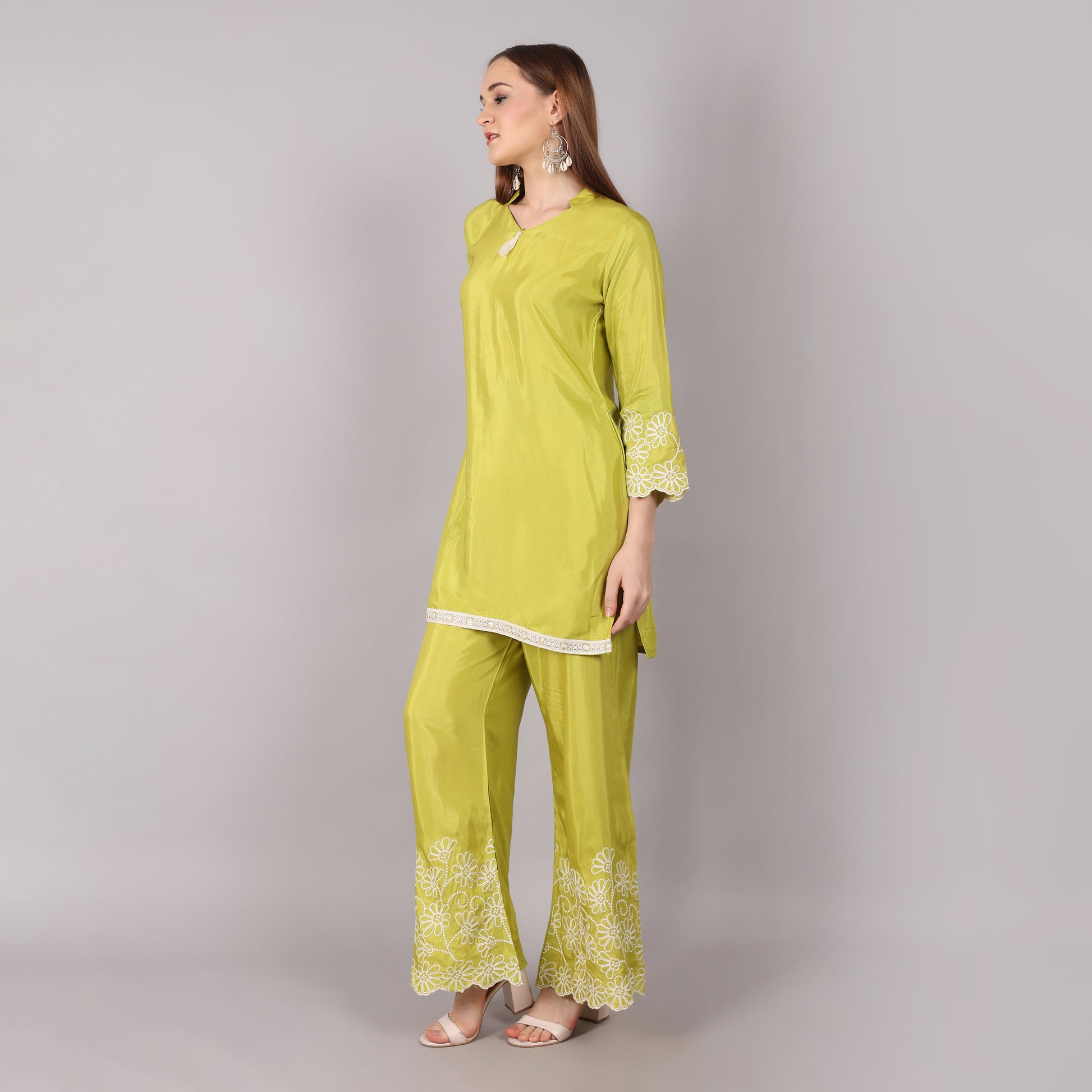 Graceful lime green thread-embroidered co-ord set, designed for comfort and a refined look.
