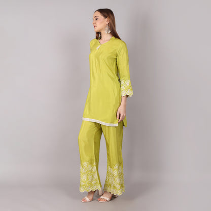 Graceful lime green thread-embroidered co-ord set, designed for comfort and a refined look.