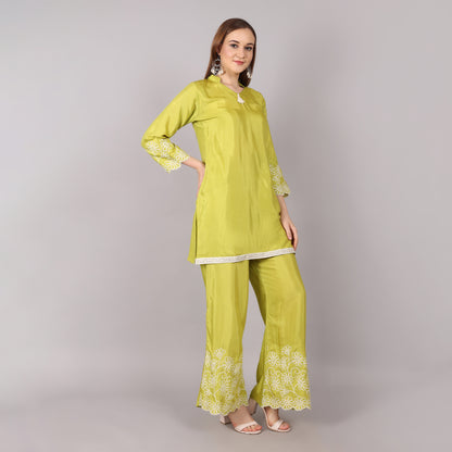 Chic lime green co-ord set with fine thread embroidery, blending modern fashion with traditional elegance.