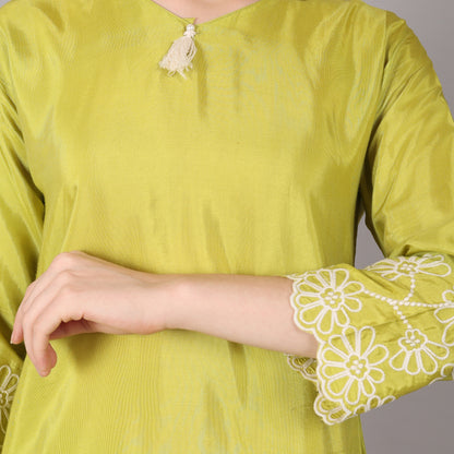 Stylish lime green embroidered co-ord set featuring delicate threadwork for a trendy and graceful appeal.